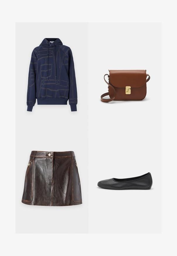 Felpa con cappuccio blu navy in morbido tessuto, caratterizzata da cuciture dorate a contrasto in motivi geometrici. Include un cappuccio con cordino e polsini a costine.; T-shirt bianca a maniche corte realizzata in tessuto a costine. Collo rotondo, vestibilità regolare e dettagli di cucitura sottili. Senza motivi o grafiche.; Mini gonna in pelle marrone con un design elegante, due tasche laterali con zip e cuciture a contrasto lungo i bordi.; Pantofole da balletto nere in pelle con punta arrotondata, texture liscia, dettagli di cucitura minimi e design con suola flessibile.; Borsa a tracolla in pelle marrone con chiusura a pattina, hardware color oro, tracolla e una finitura liscia. Forma rettangolare compatta.