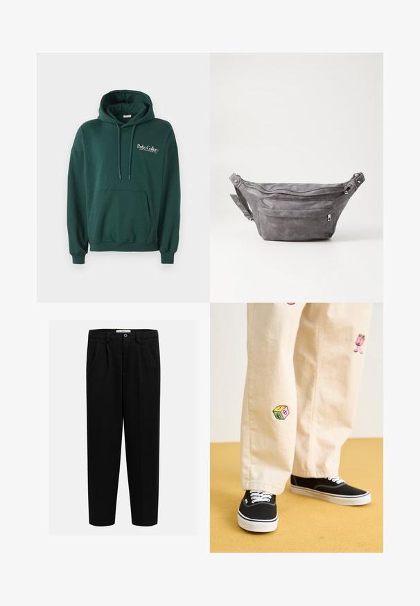 Dunkelgrüner Hoodie aus weichem Material, mit einer Kängurutasche, Bindebändern und einem weißen Textlogo auf der linken Brustseite.; Schwarze Hosen aus weichem Stoff, mit geradem Bein, vorderen Falten und einem Knopfverschluss an der Taille.; Beige Baumwollhosen mit verspielten, gestickten Motiven, darunter eine pinke Figur und bunte Blöcke, kombiniert mit schwarzen Schnürsneakern.; Graue Wildleder-Gürteltasche mit runder Form, zwei mit Reißverschluss verschlossenen Fächern und verstellbarem Trageriemen. Mit metallischen Hardware-Akzenten.