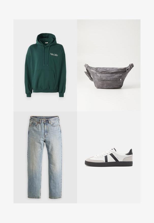 Tamsiai žalios spalvos džemperis, pagamintas iš minkštos medžiagos, su kengūros kišene, raišteliais ir balta teksto reklama kairėje krūtinės pusėje.; Šviesiai mėlynos džinsinės kelnės su aukštu liemeniu, priekyje mygtukas, užtrauktukas ir penkių kišenių dizainas, išklotos ant neutralios fono.; Balti sportbačiai su juodais ir pilkais akcentais, pasižymintys tekstūruotu pilku pirštų dangteliu, juoda gumine padais ir plokščiomis baltomis raišteliais. Švarus dizainas, minimalistinis stilius.; Pilkas suedes fanny pack'as apvalios formos, su dviem užtraukiamais skyreliais ir reguliuojama diržele. Yra metaliniai aksesuarai.