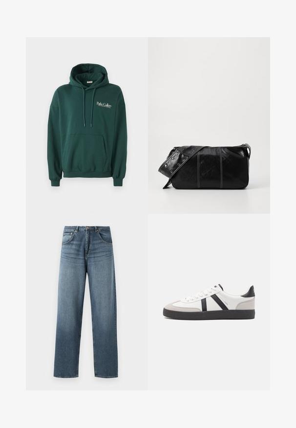 Temno zelena kapuca iz mehke tkanine, z kenguru žepom, vrvicami in belim logotipom na levi strani prsnega koša.; Ravno krojene modre kavbojke iz denima z zbledelim pranjem, ki vključujejo pet žepov, kovinsko zaponko in pasek. Strukturirana, srednje težka tkanina.; Bela športna obutev z črnimi in sivo akcenti, z teksturirano sivo kapico za prste, črnim gumijastim podplatom in ravnimi belimi vezalkami. Čista zasnova, minimalistični slog.; Črna usnjena torba za ramo z zadrgo, ki ima teksturirano telo, belo šivanje in trak s srebrnimi luknjami.