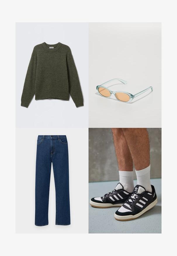 Olivengrüner gestrickter Pullover mit Rundhalsausschnitt, langen Ärmeln und gerippten Bündchen. Weiche Textur und lässige Passform, mit einem taillierten, leicht verkürzten Saum.; Dunkelblaue gerade geschnittene Jeans mit Fronttaschen und Knopfverschluss, auf einem schlichten weißen Hintergrund präsentiert.; Schwarz-weiße Sneaker mit einem Obermaterial aus Wildleder und Leder, ausgestattet mit drei weißen Streifen, einer perforierten Zehenpartie und einer Sohle aus Gummi.; Hellblaue Sonnenbrillen mit ovalen Rahmen und orange getönten Gläsern. Transparente Bügel haben glatte Kanten und eine leichte Krümmung.