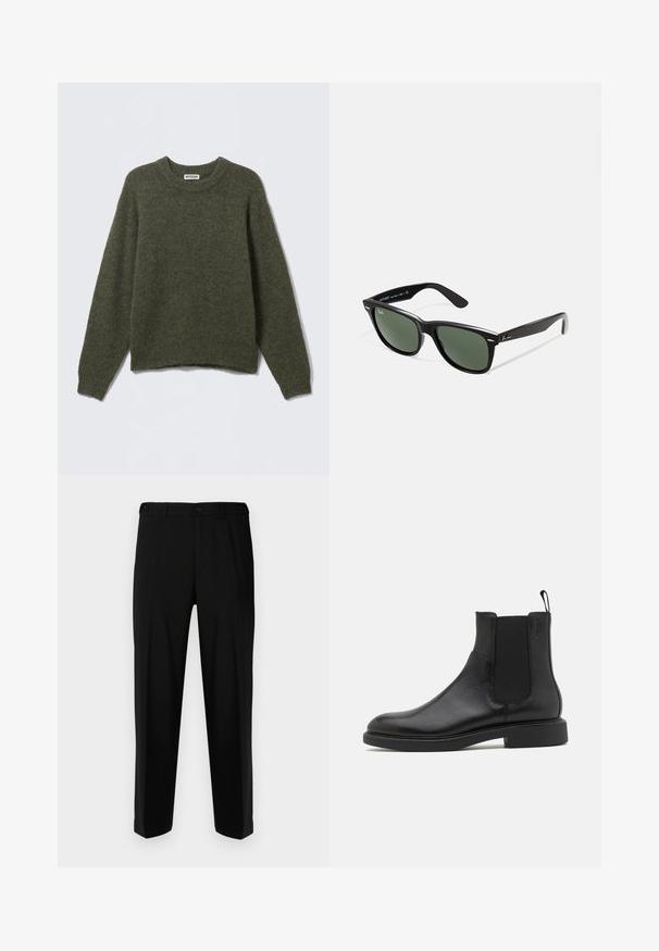 Oliven grøn strikket sweater med rund hals, lange ærmer og ribbede manchetter. Blød tekstur og afslappet pasform, med en let cropped talje.; Sorte bukser lavet af glat stof, med lige snit, to forlommer og lynlås med knaplukning.; Sort læder ankelstøvle med glat overflade, elastiske sidepaneler og en trækstrop. Rund tå og flad gummisål med minimal mønster.; Sorte plastiksolkaber med grønne linser, firkantede stel, sølvaccent på brynene og teksturerede templede arme. Angivet mærke på den indre arm.