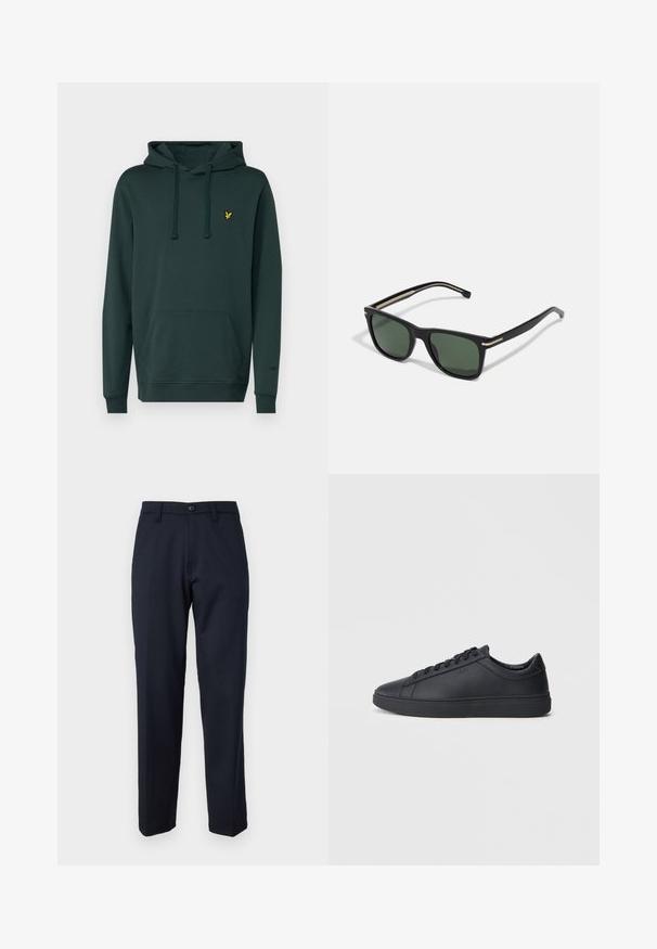 Sudadera verde oscuro hecha de tela suave, con un bolsillo tipo canguro y cordones ajustables, que presenta un pequeño logo amarillo en el pecho.; Pantalones azul marino de tejido suave, con botón delantero, diseño de pierna recta y bolsillos laterales. Sin patrones ni adornos visibles.; Zapatillas negras de cuero liso con diseño bajo, puntera redonda y suela plana de goma. Presentan cordones y una marca sutil.; BOSS Gafas de sol - black