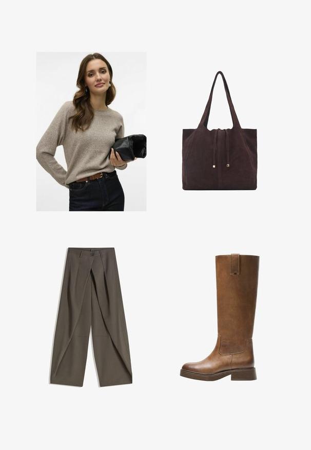 Bež pleteni pulover z dolgimi rokavi, okroglo ovratnikom in mehko teksturo. V kombinaciji z temno denim spodnjicami in drži črno usnjeno torbico.; Široke hlače iz teksturiranega temno sive tkanine. Imajo sprednji zarezan, gumb za zapiranje in stranske žepe za praktičnost.; Bralne usnjene škornje do kolen z zaobljenim nosom, teksturirano površino in nizkim platiščem. Imajo stranski panel in zanko za poteg na vrhu.; Mango Torba za nakupovanje - dark brown
