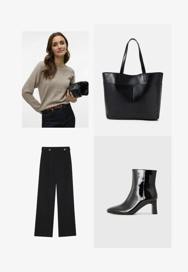 Šviesiai rudas megztinis su ilgomis rankovėmis, apvaliu iškirpimu ir švelniu tekstūru. Stilius derinamas su tamsiomis džinsomis ir juodu odiniu rankinuku.; Juodi plačios kojos kelnės su aukštu liemeniu, sagų detalėmis ant liemens ir priekinėmis raukšlėmis.; Juodos lakuotos odinės aulinukės su smailiu pirštu ir vidutinio aukščio blokuotu kulnu. Lygus paviršius ir minimalistinis dizainas.; Juoda odinė rankinė su dviem ilgais diržais, lygiu paviršiumi ir struktūrizuota forma. Yra priekinė kišenė papildomam saugojimui.