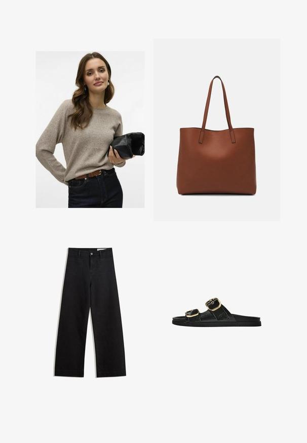 Beige kötött pulóver hosszú ujjakkal, kerek nyakkivágással és puha textúrával. Sötét farmernadrággal párosítva, fekete bőrtáskával a kezében.; Fekete, bő szabású farmernadrág magas derékkal, elülső és hátsó zsebekkel, varrott felületekkel és gombos záródással. Sima textúra.; Fekete csúszó szandál, két arany csattal, sima textúrájú anyagból, lapos talppal és minimalista dizájnnal.; Barna bőr vászontáska sima textúrával, nyitott tetejű dizájnnal és két vállpánttal. Minimális varrással és látható hardver nélkül készült.