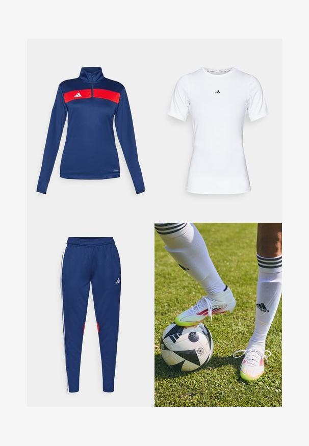 Tricou cu mânecă lungă navy, cu fermoar la gât în stil quarter-zip, având o dungă orizontală roșie, un logo alb, textură netedă și un design ajustat. Material de performanță.; Cămașă sport albă cu mâneci scurte, realizată dintr-un material neted și elastic. Prezintă un mic logo Adidas negru pe piept.; Pantaloni de trening bleumarin cu dungi albe pe laterale, talie elastică și accente roșii aproape de tiv. Fabricat dintr-un material neted și ușor.; Cizme de fotbal albe cu accente roșii, așezate pe o minge de fotbal alb-negru, pe un teren cu iarbă, cu șosete albe și dungi vizibile.