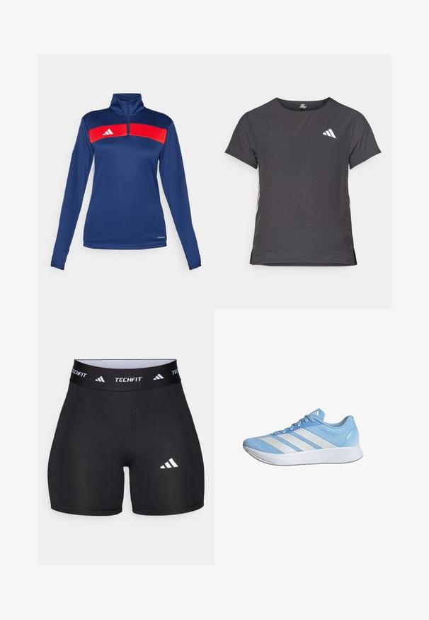 Maritiem langemouw kwart-rits bovenstuk met een rode horizontale streep, wit logo, gladde textuur en aansluitend ontwerp. Prestatiefabric.; Korte mouwen sport t-shirt, donkergrijs met geperforeerde textuur. Bevat een wit logo en contrasterende zijstrepen. Ronde halslijn.; Zwarte shorts van rekbaar materiaal met een getailleerd ontwerp. Beschikt over een brede zwarte tailleband met het label "TECHFIT" en een wit logo op het been.; Lichtblauwe sportschoenen met een bovenwerk van mesh, voorzien van drie witte strepen, een lichtgewicht zool en gestructureerde accenten aan de zijkanten.