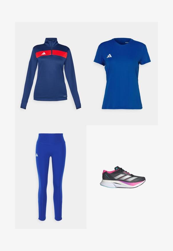 Navy pitkähihaiseen neljänneksellä vetoketjulla yläosaan, jossa on punainen vaakasuora raita, valkoinen logo, sileä rakenne ja tiukka malli. Suorituskykyinen kangas.; Sininen lyhythihainen urheilupaita pyöreällä kaula-aukolla; valmistettu kevyestä kankaasta; vasemmalla olkapäällä valkoinen Adidas-logo.; Sinisiä urheiluhousuja, joissa on korkea vyötärö, valmistettu joustavasta materiaalista, vasemmassa lantiossa valkoinen logo ja huomaamattomat saumat.; Juoksukengät, joissa on harmaa verkkopinta, vaaleanpunaiset yksityiskohdat ja valkoiset raidat. Varustettu pehmeällä pohjalla ja tyylikkäällä, aerodynaamisella muotoilulla.