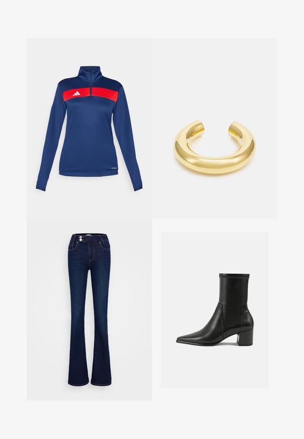 Jūrų laivyno ilgomis rankovėmis ketvirčio užtrauktuku megztinis, aprašytas raudona horizontalia juosta, balta logotipu, lygia tekstūra ir prigludusia forma. Funkcionali medžiaga.; Tamsiai mėlynos plačios džinsinės kelnės su aukštu liemeniu, dviem priekinėmis kišenėmis ir dviem mygtukais. Pagamintos iš lygios tekstūros džinsinio audinio.; Juodos odinės aulinės botai, turintys smailią nosį, storą kulną ir ryškiai išryškintą siuvinėjimą viršutinėje dalyje.; Auksinės spalvos metalinė apyrankė su lygiu, blizgiu paviršiumi. Iškraipytas dizainas su atviromis galvutėmis ir vientisa, minimalistine forma.
