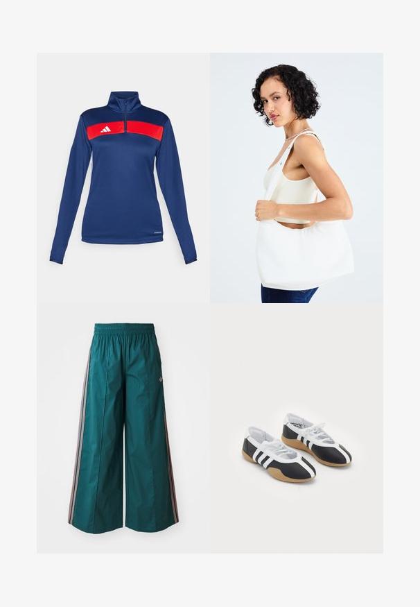 Tamno plava majica s dugim rukavima i patentnim zatvaračem do četvrtine, s crvenom horizontalnom prugom, bijelim logotipom, glatkom teksturom i uskim dizajnom. Izrađena od performansnog materijala.; Tirkizne hlače širokih nogavica s elastičnim pojasom, s prugastim detaljima u ružičastoj i bijeloj boji sa strane, izrađene od laganog materijala.; Crne i bijele atletske cipele sa elegantnim dizajnom, gumeni potplat, vezanje i tri bijele pruge sa strane.; Bijela torba preko ramena izrađena od glatkog materijala, sa ovalnim izrezom i širokim remenom. Jednostavna i moderna, bez vidljivih metalnih dijelova.