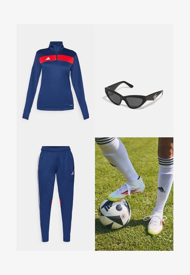 Navy long-sleeve quarter-zip top featuring a red horizontal stripe, white logo, smooth texture, and fitted design. Performance fabric.; Navy track pants with white side stripes, elastic waistband, and red accents near the hem. Made of smooth, lightweight fabric.; White soccer cleats with red accents, resting on a black-and-white soccer ball, on a grassy field with white socks and stripes visible.; Cat-eye sunglasses with a matte black plastic frame, dark lenses, and a gold logo accent on the temple. Angular design and smooth texture.