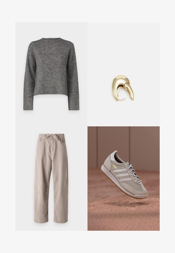 Harmaa neulottu villapaita, jossa on pitkät hihat, pyöreä pääntie ja rauhallinen leikkuu. Rakenteellinen kangas ja lyhyt pituus. Ei lisätietoja.; Beige corduroy-housut, joissa on löysä malli, piilovetoketjulla, kaksi etutaskua ja pystyribbattu pinta.; adidas Originals SL 72 RS UNISEX - Matalavartiset tennarit - grey one/footwear white/crystal white; Kultahipuinen korvakoru, jossa on sulavalinjainen, kaareva muotoilu. Ominaisuuksiin kuuluu erottuva terävä muoto, kiillotettu pinta ja sarana kiinnitys.