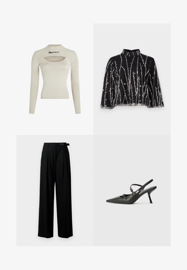Világos bézs csíkos, hosszú ujjú felső magas nyakkal és kivágott részlettel, fekete "KARL LAGERFELD JEANS" logóval.; Fekete, cropped fazonú felső magas nyakkal, ezüstszínű flitteres függőleges csíkokkal, áttetsző ujjakkal és texturált anyaggal.; Fekete, bő szárú nadrág magas derékkal, elöl pliszírozva, és csattal ellátott övvel. Simább, könnyű anyagból készült.; Fekete bőrszíjjal ellátott magassarkú cipő, hegyes orral, karcsú sarkával és díszes csattal a vamp részén. Simás textúra és elegáns dizájn.