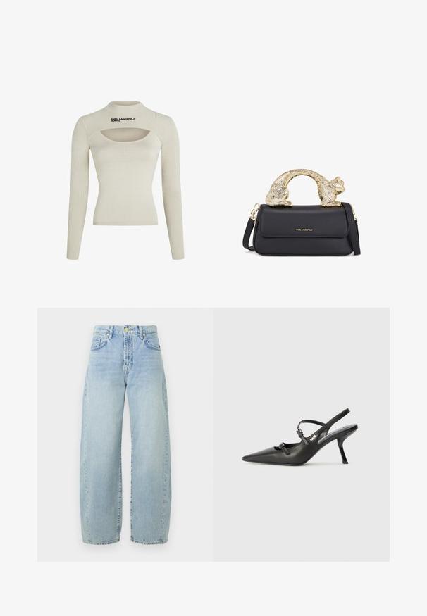 Svijetlo bež rebrasti dukserica dugih rukava s visokim izrezom i izrezanom detaljnom, s logotipom "KARL LAGERFELD JEANS" u crnoj boji.; Crna haljina s volanima izrađena od teksturirane tkanine, s više slojeva i skupljenim izrezom, stvarajući voluminoznu siluetu.; Svijetloplave traper široke hlače s visokim strukom, blago izblijedjele, s pet džepova i zlatnim detaljima. Rub je pravokutan i neuredan.; Crne kožne štikle sa otvorenom petom, s uskim vrhom i dekorativnom kopčom na gornjem dijelu. Glatka tekstura i elegantan dizajn.; Crna kožna torbica s zlatnim ručkom u obliku mačke, koja ima prednji preklop, podesivu traku i detalj s logom na donjem prednjem dijelu.
