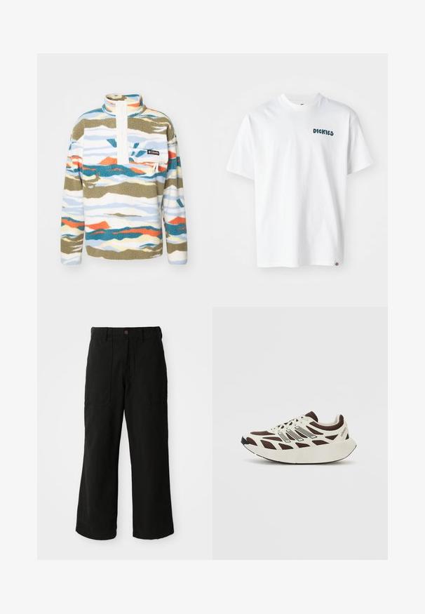 Fleece-puller i flerfärgad mönster med blå, orange och gröna vågor, hög krage, framknappar och en bröstficka med logotyp.; Vit bomull T-shirt med kort ärm, med grön text "DICKIES" på framsidan. Rakt snitt och en liten logotags på fållen.; Svarta vida byxor i mjukt tyg, med framfickor och knappstängning i midjan. Minimalistisk design utan synliga mönster.; Bruna och krämfärgade sneakers med ett meshuppifrån, texturerade överdrag och en rund, tjock vit sula. Har en låg profil på tungan och snörning.