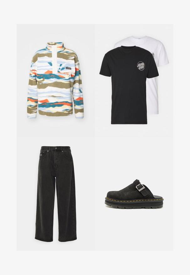 Fliisist pullover mitmevärvilises mustris, kus on sinised, oranžid ja rohelised lained, kõrge krae, ees nupud ja rinna tasku logoga.; Kaks t-särki komplekt: üks must, teine valge. Mõlemal on lühikesed varrukad ja rinnal kontrastse värviga ümmargune logo. Puuvillane materjal.; Obey Clothing BIGWIG BAGGY - Baggy fit teksad - black; Must ülikonnaga nahkplagg, millel on reguleeritav rihm, paks must kummitald ja eristuv kollane õmblus ääres.