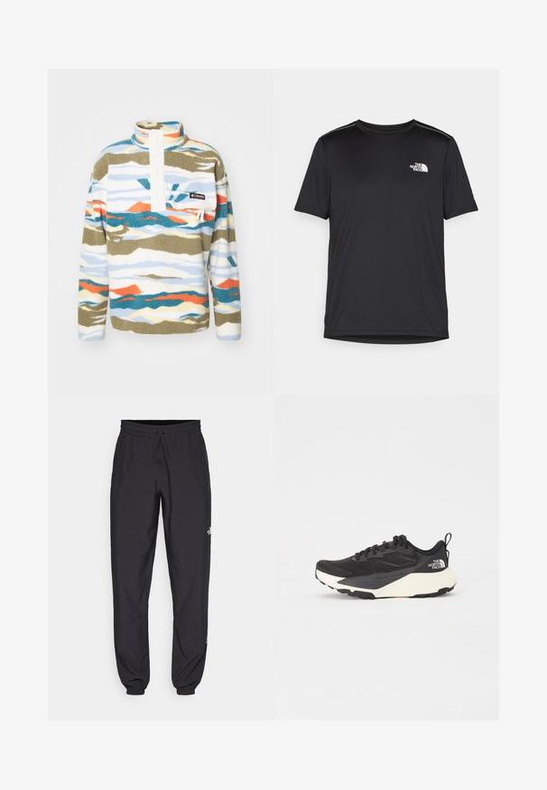 Pullover de fleece em padrão multicolorido com ondas azuis, laranjas e verdes, gola alta, botões frontais e um bolso no peito com logótipo.; T-shirt preto de manga curta feito de um tecido leve. Apresenta um pequeno logo branco ao lado esquerdo do peito e detalhes subtis nos ombros.; Calças atléticas pretas feitas de tecido leve, com um cós ajustável por cordão, bolsos laterais e punhos afunilados nos tornozelos.; Sapatilha atlética preta com parte superior em malha texturada, detalhes pretos sólidos e sola leve branca. Apresenta fecho com atacadores e alça de puxar.