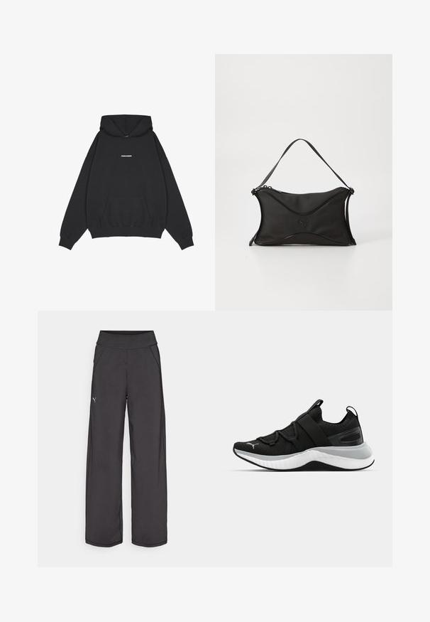 Pegador CLARITA - Hoodie - black/white; Svarte joggebukser med bred linning, sidelommer og flate sømmer. Har en liten logo på venstre ben. Laget av glatt, elastisk stoff.; Sorte treningssko med en teksturert overdel, elastiske stropper og en tykk hvit mellomsåle. Har en grå aksent langs sålen.; Svart håndveske med et mykt, teksturert materiale. Har et bølgete design, enkelt skulderrem og en subtil logo-detalj foran.