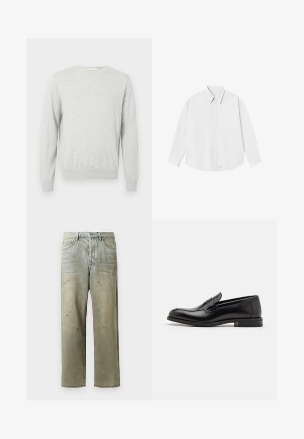 Gai pelēks garām piedurknēm džemperis ar ribotām piedurknēm un apakšu, izlikts uz vienkārša fona.; Balta krekla ar pogām ar klasisko apkakli, garām piedurknēm un noapaļotu apakšmalu; lejas kreisajā stūrī ir neliels oranžs logs.; Izsistās džinsās gaisā zaļā krāsā, ar taisnu kāju, piecu kabatu dizainu un nevienmērīgu izbalēšanu, kā arī krāsas šļakatas.; Melnas ādas kurpes ar gludu tekstūru, noapaļu purngalu un dekoratīvu siksniņu pāri priekšpusei. Zems sakrauts papēdis, minimālisma dizains.