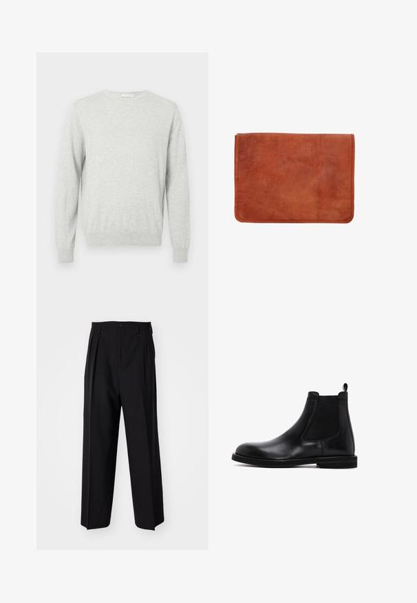 Lichtgrijs langarm crewneck sweater met geribde boorden en onderrand, weergegeven op een effen achtergrond.; Jonge man met lichtbruin haar, gekleed in een eenvoudige witte T-shirt met korte mouwen en lichtblauwe jeans tegen een beige achtergrond.; Zwarte geplooide broeken met een rechte, brede pijpontwerp. Gemaakt van soepele stof, met een knoopsluiting en riemlussen.; Zwarte leren Chelsea-boots met elastische zijkanten en een trekhaak. Gladde textuur, ronde neus, platte rubberen zool.; Bruine leren portfolio met een gladde textuur, rechthoekige vorm en zichtbare stiksels langs de randen. Geen hardware of patronen.