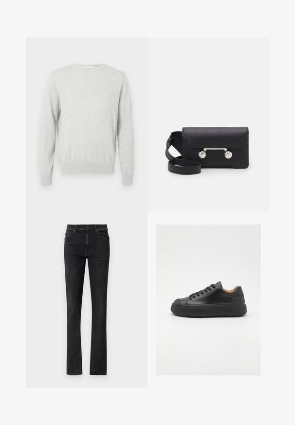 Lichtgrijs langarm crewneck sweater met geribde boorden en onderrand, weergegeven op een effen achtergrond.; Zwarte denim jeans met een rechte pijp, voorzien van steekzakken en een knoopsluiting. Glad textuur met subtiele vervaging.; Zwarte leren sneaker met een ronde neus, vetersluiting aan de voorkant, een gladde textuur, dikke rubberen zool en contrasterende tan interieur.; Zwarte leren schoudertas met een klep, zilverkleurige hardware en twee ronde accenten. Voorzien van een afneembare schouderriem. Soepele textuur.