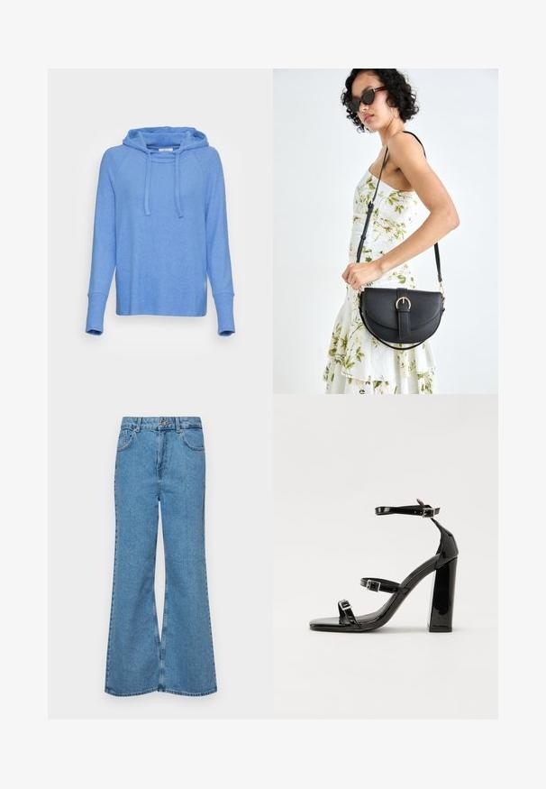 OPUS SULVAN - Camisola - like water; Jeans de brim azuis claros, com corte à boca de sino, apresentando uma cintura alta, cinco bolsos e um fecho de botão único. Textura macia com acabamento desbotado.; Sandálias de tacão preto laqueadas com bico quadrado, tiras para o tornozelo e fivelas prateadas. Apresentam um salto bloco chunky para estabilidade.; Bolsa de couro preta com forma curva, alça destacável e detalhes em dourado. A bolsa possui uma aba com detalhe de fivela.