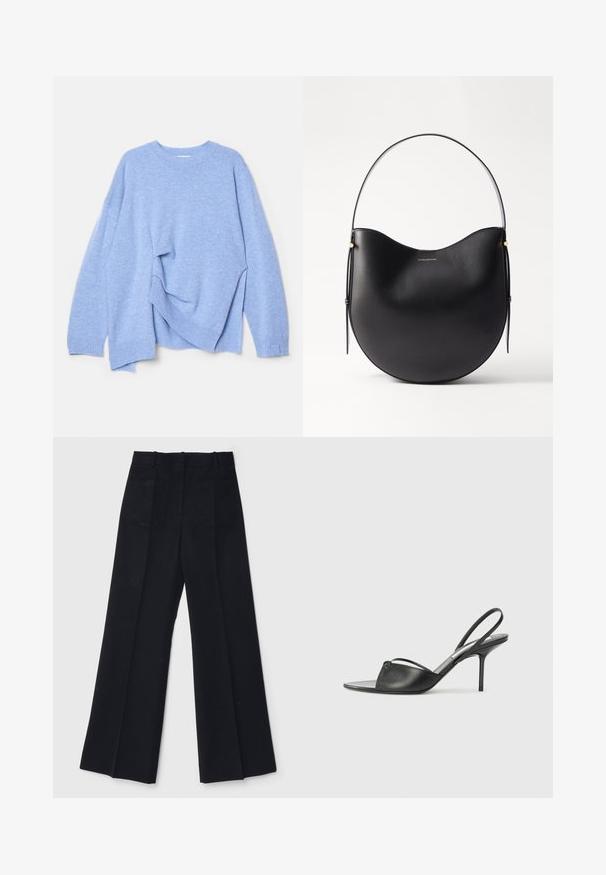 Világoskék kötött pulcsi hosszú ujjakkal, bordás mandzsettával és aljjal, laposan kifekve, az egyik oldala enyhén felfelé hajtva.; Fekete, bő szárú nadrág sima anyagból, magas derékkal, két hátsó zsebbel és diszkrét elülső redőkkel az extra alakért.; Fekete bőr, hátsó pántos, hegyes orrú magassarkú cipők vékony bokapánttal és stiletto sarkukkal. Az orrban csomózott részlet található.; Fekete bőr válltáska ívelt formával, vékony fogantyúval és finom arany részletekkel. Simából textúra, minimalista dizájnnal.