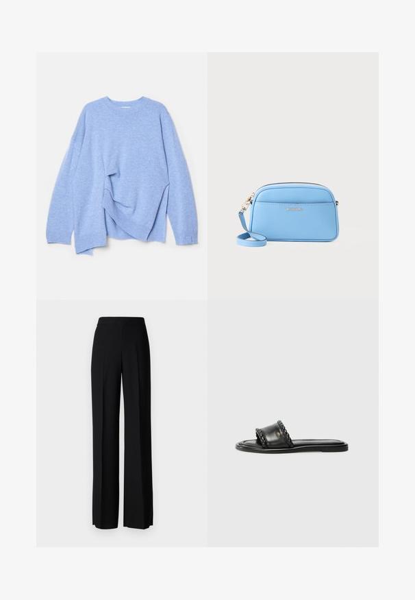 Suéter de punto azul claro con mangas largas y puños y dobladillo acanalados, mostrado plano con un lado ligeramente doblado hacia arriba.; Pantalones de pierna ancha negros con una textura suave, que presentan una cintura alta y pliegues centrales. Sin patrones visibles ni detalles de hardware.; Sandal de cuero negro con detalle de correa trenzada, suela plana y un diseño elegante. Textura suave y perfil minimalista.; Bolso cruzado de cuero azul claro con herrajes en tono dorado, cierre de cremallera y un bolsillo frontal. cuenta con una correa ajustable para mayor comodidad.