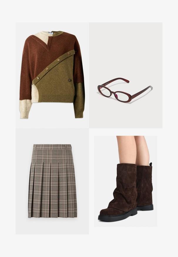 Megztinis, kuriame derinamos rudos, alyvuogių žalios ir kapučino spalvos. Jame yra unikali įstrižinė dizaino forma su mygtukų akcentais priekyje.; Pilkas langelis sijonas su klostėmis, turintis tamsių ir šviesių tonų derinį bei subtilias rožines linijas. Pagamintas iš tekstūruoto audinio su juosmeniu.; Rudi od suede iki blauzdų aukščio, su juodais gumos padais, dėvimi ant nuogų kojų, rodo lengvą raukšlių susidarymą ant batų šonų.; Ovalo formos raudoni akiniai su skaidriais lęšiais ir elegantiškais rudais rėmeliais. Dizainas pasižymi subtiliomis kreivėmis ir minimaliais detalėmis.