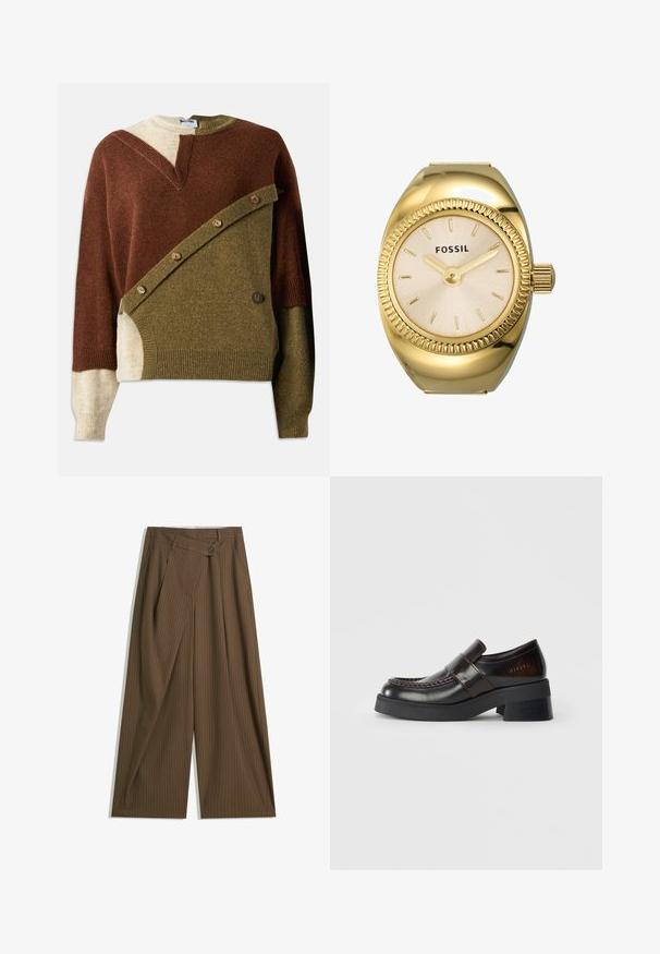 Striktrøje med en blanding af brune, olivengrønne og beige nuancer. Indeholder et unikt diagonalt design med knapdetaljer på forsiden.; Brune brede bukser med fine hvide striber, høj talje, for-trykknaplukning og omslags-panel i front.; Brune læder loafers med en kraftig sort hæl, der har en syet design og et bånd over det øverste for ekstra detalje.; Guldtonet Fossil-ur med en struktureret off-white urskive, tynde timemarkører og en krone. Har et rundet urkasse med en ribbet bezel.