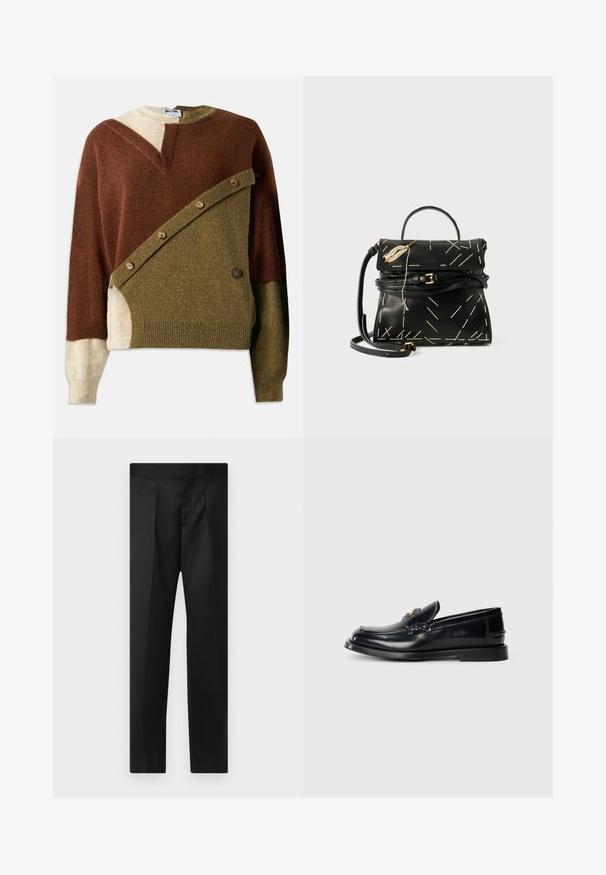 Kötött pulóver, amely barna, olívazöld és bézs árnyalatok keverékéből készült. Különleges átlós mintázattal rendelkezik, és gombos díszítések találhatók az elején.; Fekete nadrág sima anyaggal, testhezálló fazonnal, egyenes lábakkal és lapos derékkal, látható zárak vagy zsebek nélkül.; Fekete bőr loaferek, varrott mintával, kis elülső hajtókával és lapos gumitalppal. Simább textúra aranyszínű hardware kiemeléssel.; Fekete bőr kézitáska geometriai fehér varrással, felső fogantyúval és levehető vállpánttal. Arany kiegészítők és cipzáras záródás jellemzi.