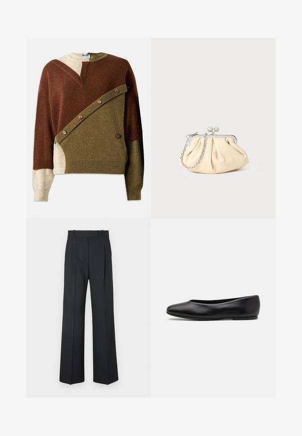 Neulepaita, jossa on sekoitus ruskeita, oliivinvihreitä ja beigejä sävyjä. Sisältää ainutlaatuisen vinoon suunnitellun kuvion, jossa on nappikoristeita edessä.; Tummansiniset raidalliset housut, joissa on korkea vyötärö, leveät lahkeet ja ei näkyviä metalliosia tai koristeita. Sileä pinta ja räätälöity istuvuus.; Paul Smith TOPANGA - Ballerinat - black; Beige nahkaista kassi, jossa on laskostus ja hopeinen metallirunko, kaksi pyöreää koristeellista solkea sekä hopeaketjuolkayh.