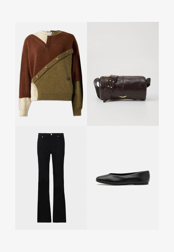 Strickpullover in einer Mischung aus Brauntönen, olivgrün und Beige. Verfügt über ein einzigartiges diagonales Design mit Knopfakzenten auf der Vorderseite.; Schwarze, ausgestellte Jeans aus Denim, ausgestattet mit zwei Fronttaschen, einem Knopfverschluss und einer glatten Oberfläche. Signatur-Nähte an den Nähten sichtbar.; Paul Smith TOPANGA - Klassischer Ballerina - black; Braune, krokodilgeprägte Lederhandtasche mit zylindrischer Form, goldfarbener Hardware und einem abnehmbaren Tragegurt mit Nieten.