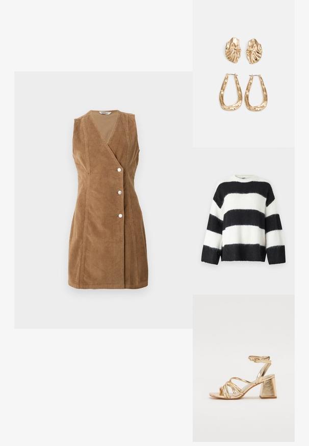 Melnā un baltā svītru džemperis ar brīvu piegriezumu, apaļu kakla izgriezumu un garām piedurknēm; izgatavots no mīksta, pūkaina materiāla.; Brūns korduroja bez piedurknēm kleita ar ietīšanas dizainu, četriem pogu akcentiem un redzamu stitchingu apmalēs.; Zelta metāla papēžu sandales ar siksnu dizainu, kvadrātveida bloku papēdi un regulējamu potītes siksnu ar sprādzi. Gluda tekstūra.; Zelta metāla somiņa ar strukturētu dizainu, gludu tekstūru un regulējamu siksniņu. Iezīmējas ar unikālu trīsstūrveida formu un minimālistisku šuvumu.; Zelta krāsas auskari ar teksturētām, viļņotām formām. Iekļauts skulpturāls piespraužams modelis un atvērta gredzenveida konstrukcija ar izsistām virsmām.