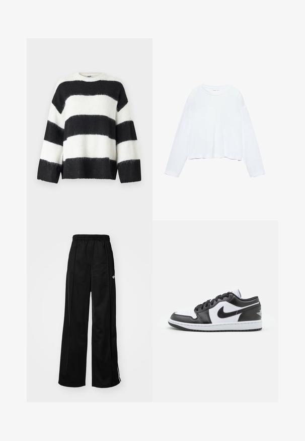 Crno-bijeli prugasti pulover s opuštenim krojem, okruglim izrezom i dugim rukavima; izrađen od mekanog, plišanog materijala.; Dugi rukav bijela skraćena majica, napravljena od mekog materijala, ima okrugli izrez i opušteni kroj s rukavima s manžetnom. Jednostavan i čist dizajn.; Crne široke trenirke s elastičnom gumom u struku, s bijelim bočnim trakama i malim logotipom na lijevom kuku. Glatka tekstura materijala.; Crno-bijele Nike niske tenisice imaju glatku kožnu gornjište, okrugli vrh, vezanje na vezice i uzorčeni gumeni potplat.