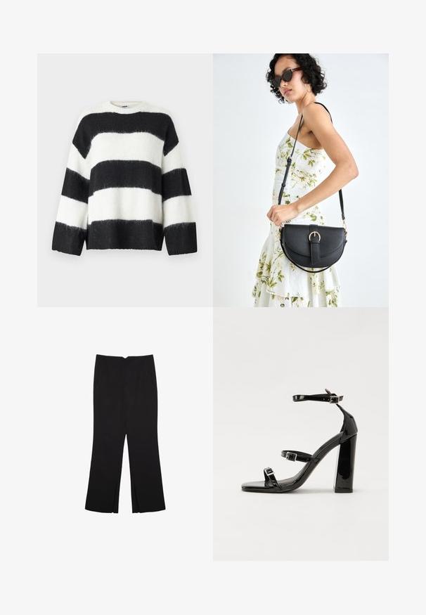 Černobílý pruhovaný svetr s volným střihem, kulatým výstřihem a dlouhými rukávy; vyrobený z měkkého, huňatého materiálu.; Černé kalhoty s rovným střihem, s předními kapsami a bočními rozparky na lemu. Vyrobené z jemné, hladké tkaniny. Vhodné na různé příležitosti.; Černé lakované sandály na podpatku se čtveratou špičkou, lýtkovými pásky a stříbrnými přezkami. Disponují masivním blokovým podpatkem pro stabilitu.; Černá kožená kabelka s křivkovým tvarem, odnímatelným popruhem a zlatými detaily. Kabelka má klopu s přezkou.