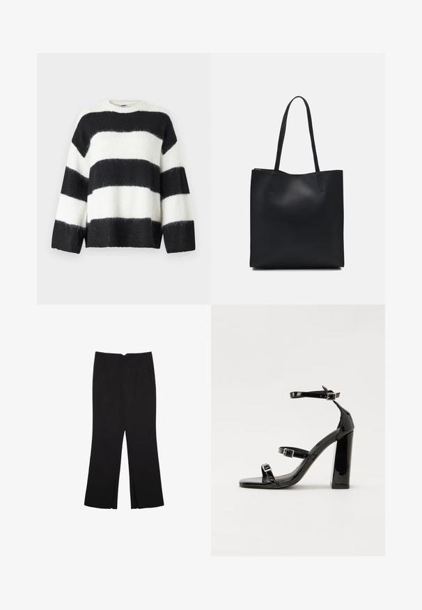 Gestreifter Pullover in Schwarz und Weiß mit lockerem Schnitt, rundem Halsausschnitt und langen Ärmeln; aus weichem, flauschigem Material gefertigt.; Schwarze Hose mit geradem Schnitt, ausgestattet mit Fronttaschen und Seitenschlitzen am Saum. Hergestellt aus weichem, glattem Stoff. Geeignet für verschiedene Anlässe.; Schwarze patentierte Sandalen mit Absatz, quadratischer Spitze, Knöchelriemen und silbernen Schnallen. Mit einem stabilen Blockabsatz für mehr Stabilität.; Schwarze Laptoptasche aus Leder mit glatter Textur, rechteckiger Form und zwei langen Griffen. Keine sichtbaren Beschläge oder Verzierungen.