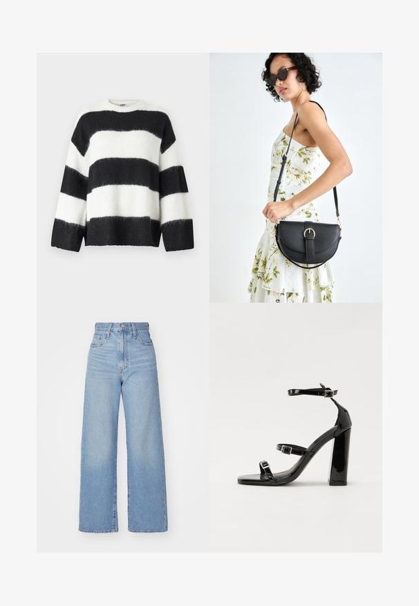 Maglione a righe bianche e nere con una vestibilità ampia, scollatura rotonda e maniche lunghe; realizzato in materiale morbido e peloso.; Jeans a vita alta blu chiaro con gamba larga, chiusura frontale con bottone e zip, tasche anteriori e posteriori, su uno sfondo bianco.; Sandali con tacco alto in vernice nera con due cinturini con fibbia, punta quadrata e tacco spesso a blocco, caratterizzati da una texture liscia e lucida.; Borsa a tracolla nera in pelle con una forma curva, manico rimovibile e accessori dorati. La borsa presenta una patta con un dettaglio a fibbia.