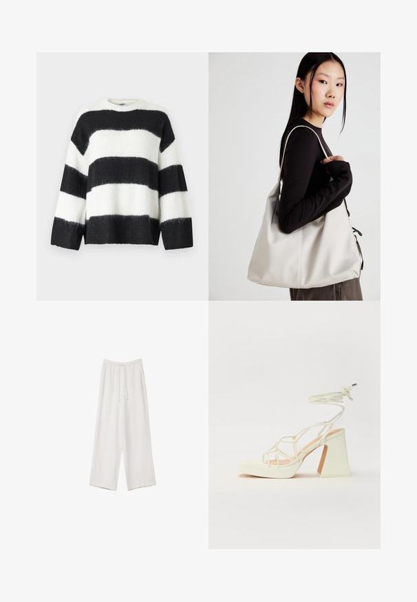 Pull à rayures noires et blanches avec une coupe ample, encolure ronde et manches longues ; fabriqué à partir d'un matériau doux et pelucheux.; Pantalons larges blancs en tissu léger. Dotés d'une taille élastique avec cordon de serrage et de poches latérales. Texture lisse.; Sandale blanche à talons hauts avec un talon épais, présentant un design à lanières et un lien autour de la cheville. Texture lisse avec une plateforme à l'avant pour une hauteur supplémentaire.; Sac à main beige en matériau souple, avec un design décontracté, des détails cousus et deux poignées. Idéal pour un usage quotidien.