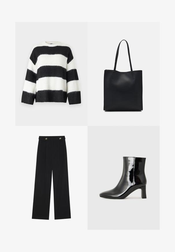 Pull à rayures noires et blanches avec une coupe ample, encolure ronde et manches longues ; fabriqué à partir d'un matériau doux et pelucheux.; Pantalons larges noirs à taille haute, avec des détails de boutons à la taille et des plis sur le devant.; Bottines en cuir verni noir avec un bout pointu et un talon block de hauteur moyenne. Texture lisse et design minimaliste.; Sac fourre-tout en cuir noir avec une texture lisse, de forme rectangulaire et deux longues poignées. Pas de matériel ou d'ornementations visibles.