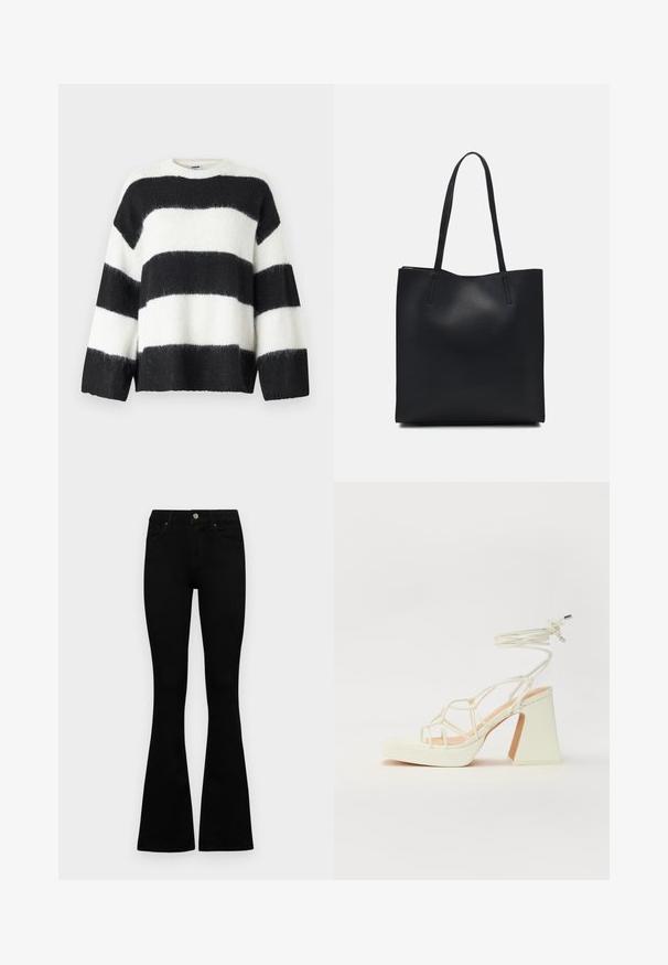 Juodas ir baltas dryžuotas megztinis su laisvu kirpimu, apvaliu iškirpimu ir ilgomis rankovėmis; pagamintas iš švelnios, pūkuotos medžiagos.; Juodos aukšto liemens džinsai su mygtuku ir užtrauktuku, priekinėmis kišenėmis ir platėjančiomis kojomis, išdėstyti ant baltos fono.; Balti aukštakulniai sandalai su masyviu kulnu, su dirželių dizainu ir kulkšnies raiščiu. Lygi tekstūra su platforma priekyje, suteikianti papildomą aukštį.; Juodas odinis tote krepšys su lygia tekstūra, stačiakampio formos ir dviem ilgais rankenomis. Matomų metalinių detalių ar puošybos nėra.
