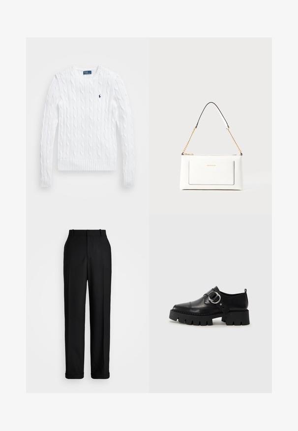 Λευκό πουλόβερ με πλέξη καλωδίου και στρογγυλή λαιμόκοψη, με ραμμένα μανίκια και στρίφωμα, που διαθέτει μικρό μπλε λογότυπο στο στήθος για λεπτομέρεια.; Polo Ralph Lauren HIGH RISE RELAXED STRAIGHT TROUSER - Παντελόνι - black; Μαύρα δερμάτινα παπούτσια με χοντρή, ραβδωτή σόλα, διαθέτοντας κυκλική ασημί μεταλλική λεπτομέρεια και ελάχιστη ραφή.; Λευκή δερμάτινη τσάντα με υφή, διαθέτει χρυσή αλυσίδα και μαύρες λεπτομέρειες. Περιλαμβάνει μπροστινή τσέπη και κλείσιμο με φερμουάρ.