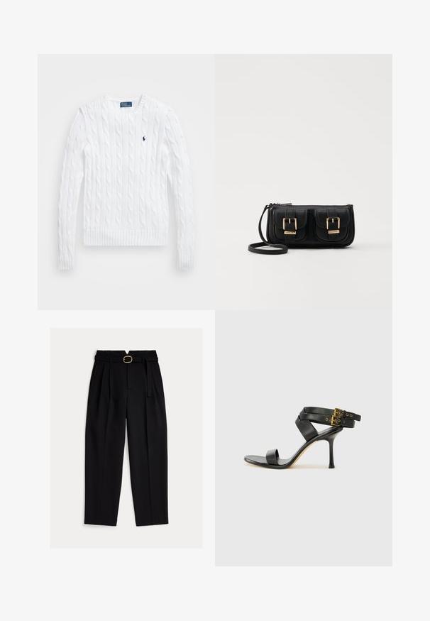 Vit kabelstickad tröja med rund halsringning, ribbade muddar och fåll, med en liten blå logotyp på bröstet som detalj.; Svarta byxor med hög midja, bälte i midjan, veckad fram och vid benform. Tillverkade av slät tyg med en klassisk skärning.; Svart klack-sandal med korsade remmar och justerbar spänne. Har en slät textur och en taperad stilettklack.; Svart läderaxelväska med två framfickor, guldspännen, dragkedjestängning och en smal rem. Texturerad yta och kompakt rektangulär form.