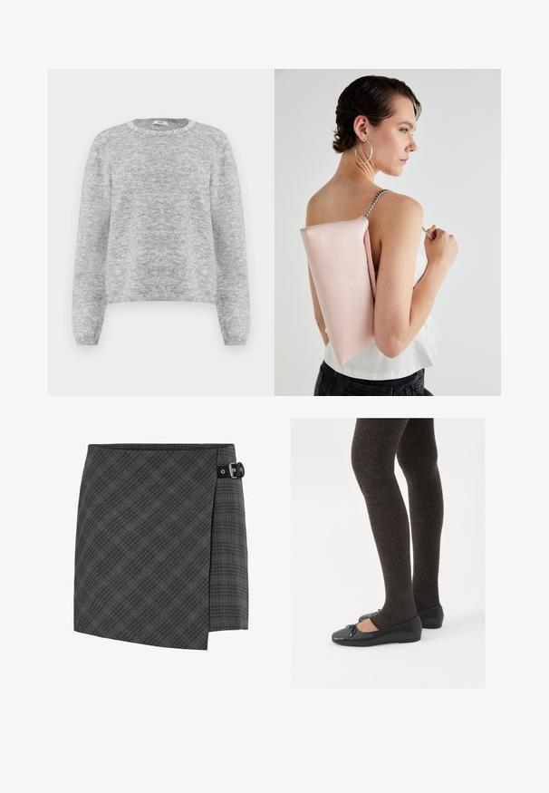 Gray knitted sweater with a round neckline featuring a decorative white lace trim. Long sleeves, soft texture, and a relaxed fit.; Dark gray plaid wool wrap skirt with black buckle detail on the right side, straight hem, and subtle diagonal lines pattern.; Black flat shoes with a small bow detail at the toe, paired with dark brown ribbed tights. Shoes have a smooth texture and low profile.; Pink leather handbag with a rectangular shape, silver chain strap, and smooth texture, worn on the back. Simple design with no visible patterns.
