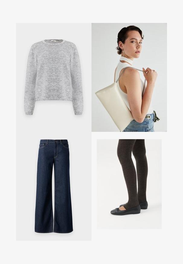 Hall hallitatud hall kudum, millel on ümar kaelus ja dekoratiivne valge pitsäär. Pikad varrukad, pehme tekstuur ja lõtv istuvus.; Laiad teksad tumesinises denimis. Omab kontrastõmblusi, viit taskut ja nupukinnitust vööl. Sile tekstuur.; Mustad mustad kingad väikese teksaga varvaste juures, koos tumedate pruunide ribakangastega. Kingadel on sile tekstuur ja madal profiil.; Valge ristkülikuline kotti, mis on valmistatud läikivast materjalist, hõbedase ahelsangaga. Mudel poseerib, tutvustades kotti ühtlase taustaga.