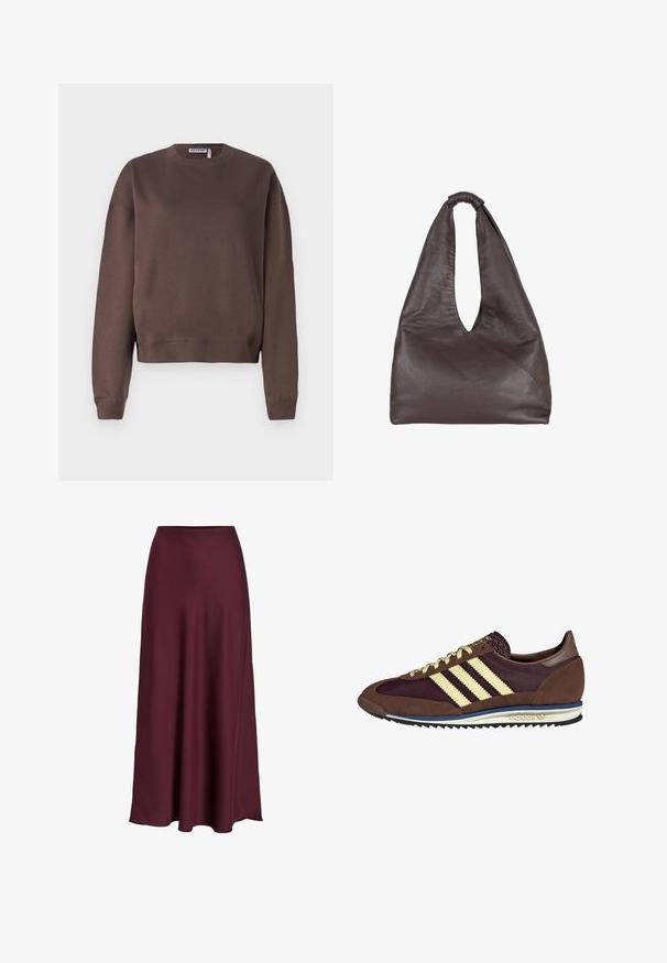 Brun bomullssweatshirt med rund hals, lange ermer og ribbestrikkede mansjetter. Glatt tekstur og kort design for en moderne passform.; Burgunderfarget sateng maxi-skjørt med en glatt tekstur, høy midje og en flytende silhuett som svinger forsiktig utover mot kanten.; Brune og burgunder sneakers i semsket og mesh-materiale, med tre kremfargede striper, teksturert stoff på tungen, og en gummisåle.; Brun lærveske med en avslappet, overdimensjonert design. Har en løkkehåndtak og en dyp V-formet åpning for enkel tilgang. Myk tekstur, minimalistisk stil.