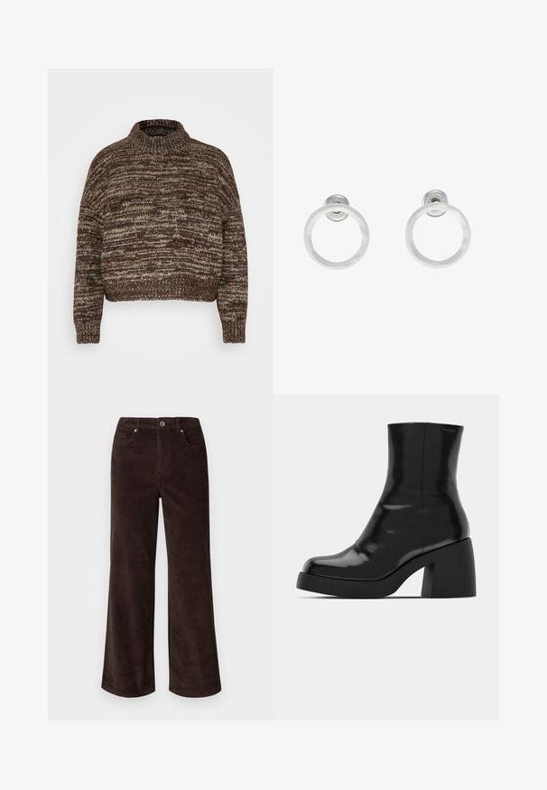 Vero Moda Petite VMDAIMA - Trui - chocolate torte/silver mink/gold; Vero Moda Petite VMTESSA PANTS - Broek - chocolate torte; Zwarte enkellaarzen met een glanzende afwerking, vierkante neus en een dikke blokhak. Het ontwerp heeft een naadloze silhouet en minimale branding.; Zilveren metalen ringoorbellen met een geborstelde textuur, met een ronde vorm en een transparante bevestiging voor een veilige draagwijze.
