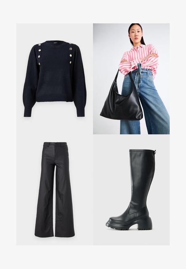 Σκούρο ναυτικό πλεχτό πουλόβερ με στρογγυλή λαιμόκοψη, μακριά φουσκωτά μανίκια και διακοσμητικά χρυσά κουμπιά κατά μήκος του αριστερού ώμου. Ριμπέ ποδιά.; Μαύρο παντελόνι φαρδιάς γραμμής σε υλικό με faux δερματίνη. Διαθέτει ψηλή μέση, θηλιές ζώνης, δύο μπροστινές τσέπες και ραφές λεπτομέρειας.; Ψηλή μαύρη δερμάτινη μπότες με χοντρή πλατφόρμα και τετράγωνη τακούνι, διαθέτει λαβή και υφασμάτινη επιφάνεια στην εξωτερική σόλα.; Μαύρη δερμάτινη τσάντα ώμου με χαλαρή σιλουέτα και λεπτομέρειες ραφής. Το μοντέλο φοράει μπλούζα με ροζ και λευκές ρίγες και μπλε φαρδιά τζιν παντελόνια.