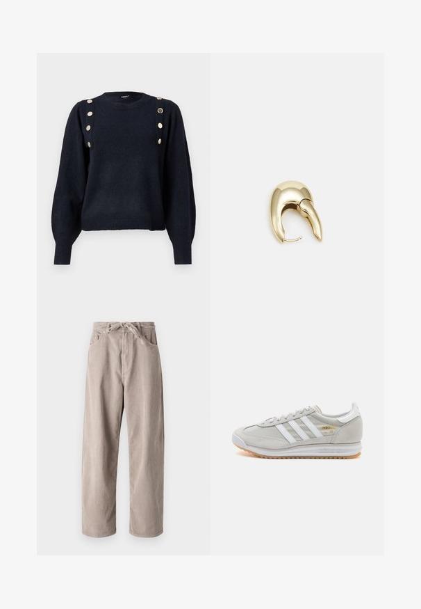 Dunkelblauer gestrickter Pullover mit rundem Halsausschnitt, langen puffärmel und dekorativen goldenen Knöpfen entlang der linken Schulter. Rippensaum.; Beige Cordhosen mit lockerer Passform, ausgestattet mit einem Kordelzugbund, zwei Fronttaschen und vertikal geripptem Muster.; Hellgraue Sneaker aus Wildleder und Mesh, mit drei weißen Streifen, runder Zehenpartie und einer Sohle aus Gummi. Goldenes Logo-Detail nahe der Schnürsenkel.; Ohrringe aus goldfarbenem Metall mit einem schlanken, geschwungenen Design. Sie verfügen über eine markante, spitze Form, eine polierte Oberfläche und einen Scharnierverschluss.